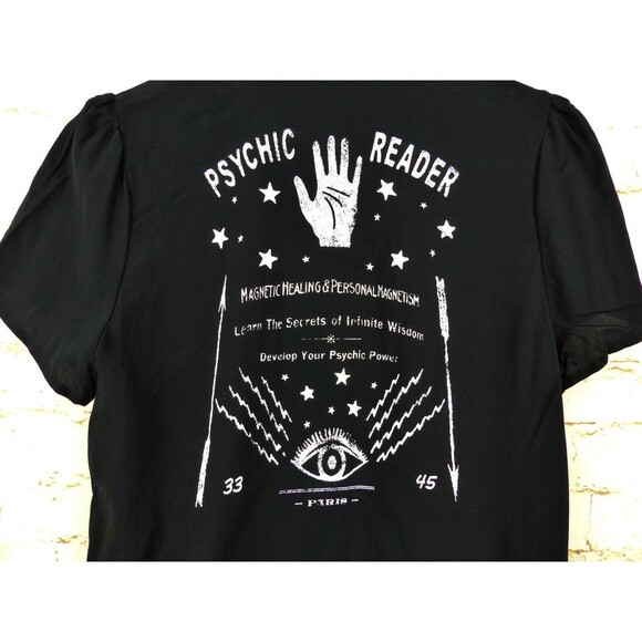 Hot Topic Shirt Women M Black Psychic Reader Tie Front Button Goth Witch Moon - Picture 9 of 13